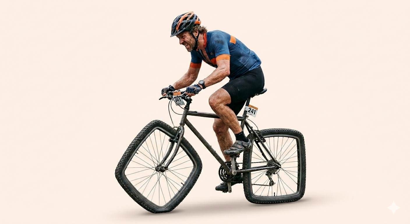 Fietser met vierkante wielen — lachend door tegenslag